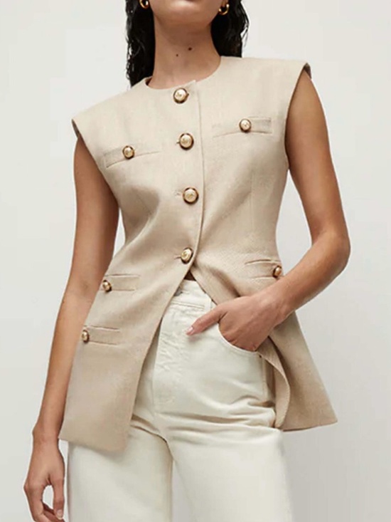Veronica Beard Jackets & Blazers - Veronica Beard Cream Textured Sleeveless Military-Style Vest with Gold Buttons